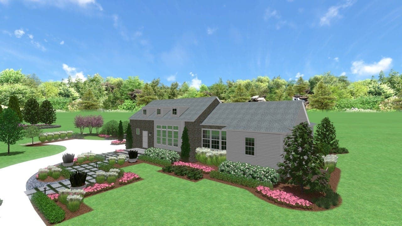 Photorealistic 3D rendering of a residential landscape design