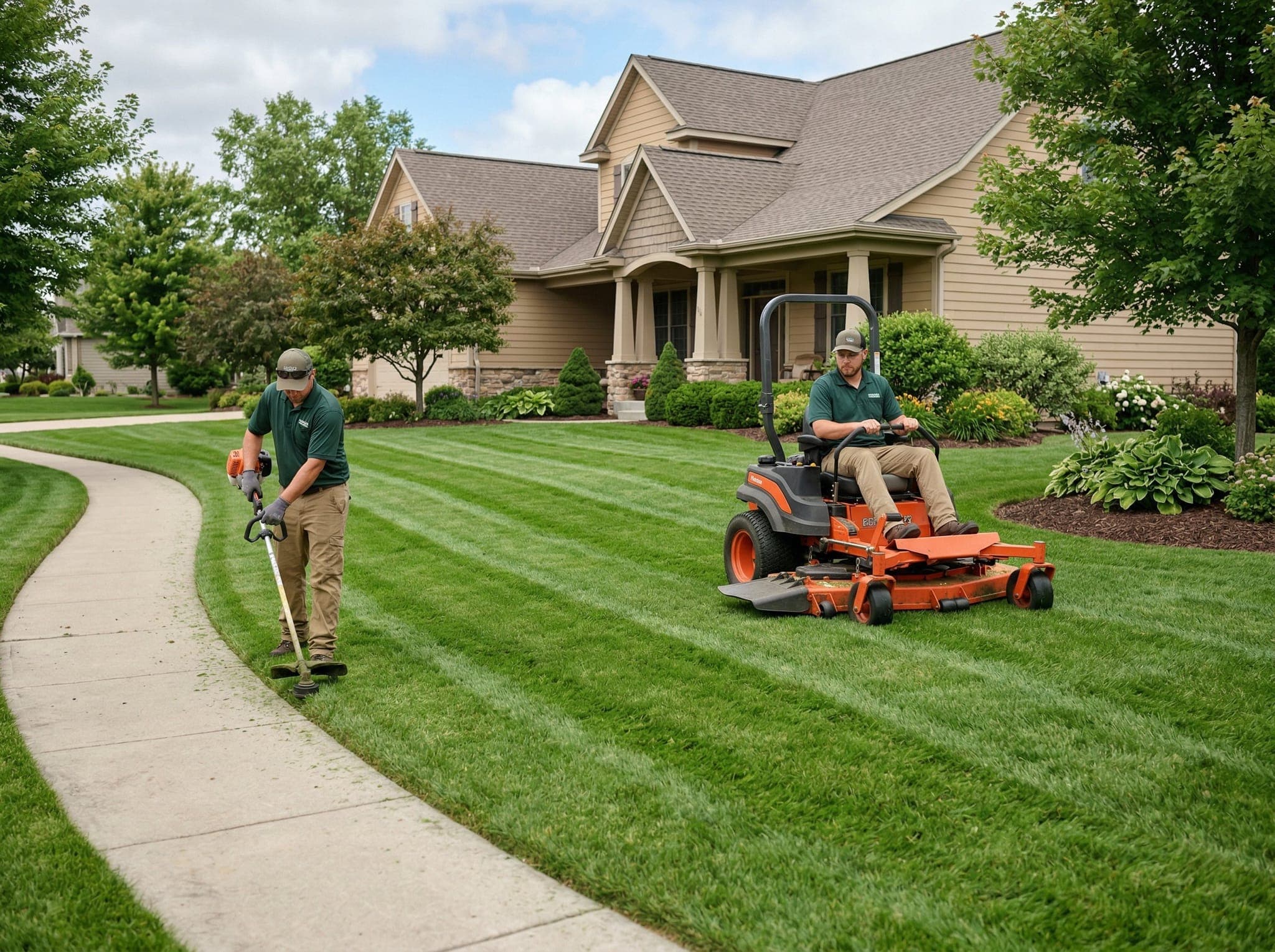 Two-person lawn care crew mowing and trimming a residential property