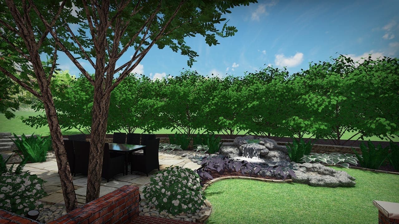 3D rendering of outdoor living space with hardscaping