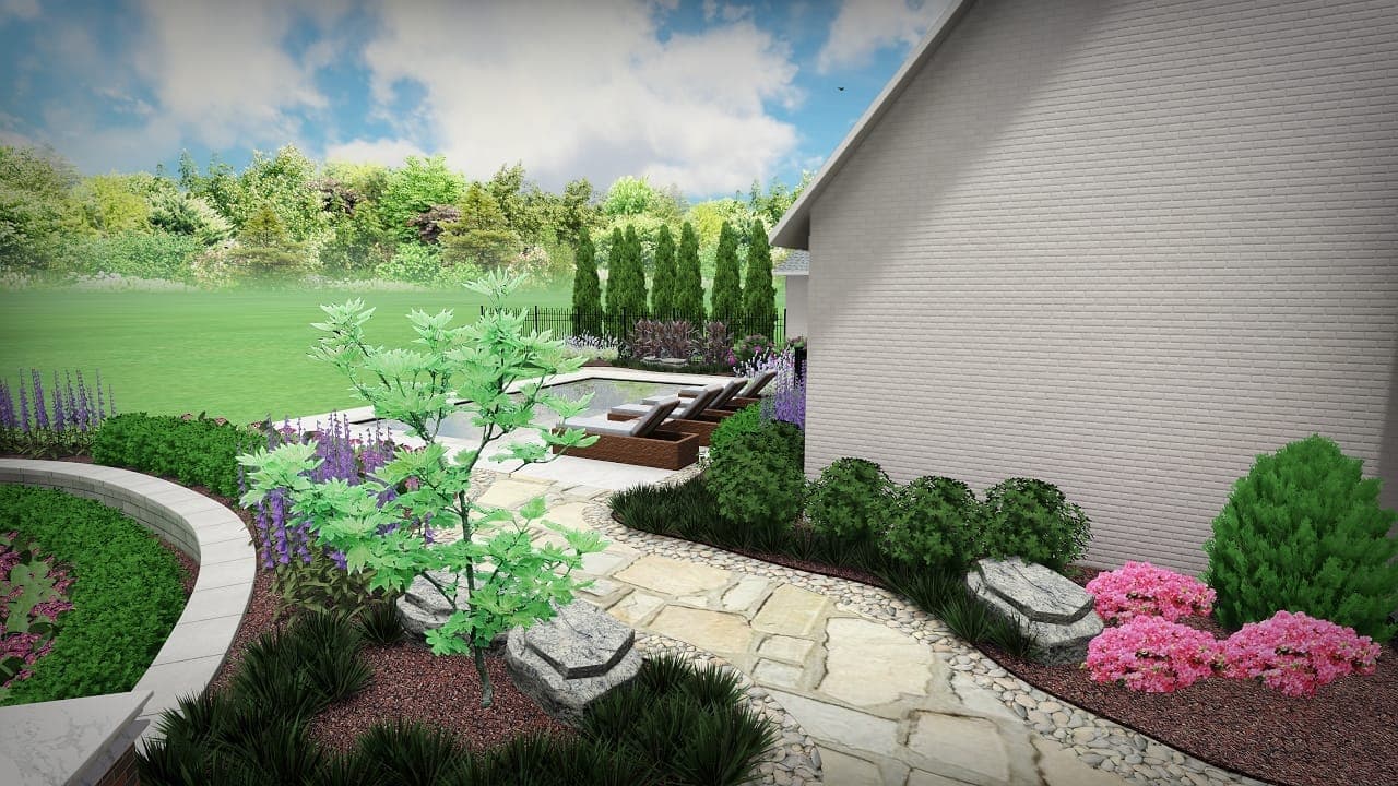 Photorealistic 3D rendering showing stone walkway, water feature, and colorful plantings