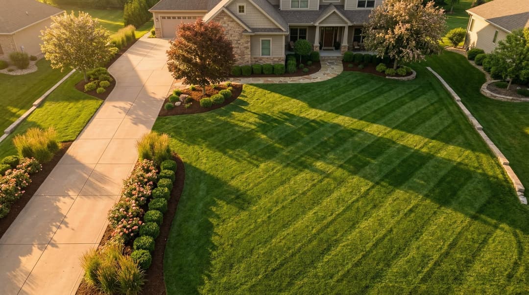 Aerial view of a professionally designed landscape showing full property plan