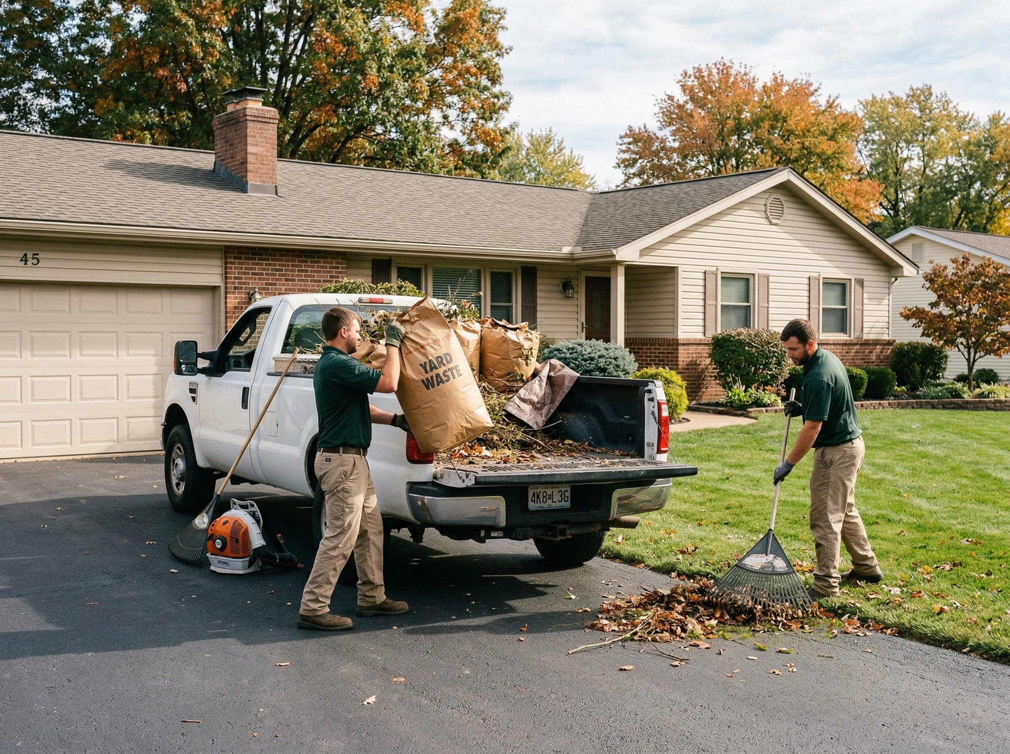 Two-person crew loading yard waste into a work truck