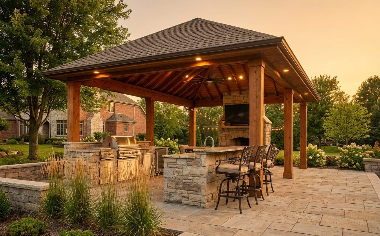 Covered outdoor kitchen with built-in grill, countertops, and bar seating
