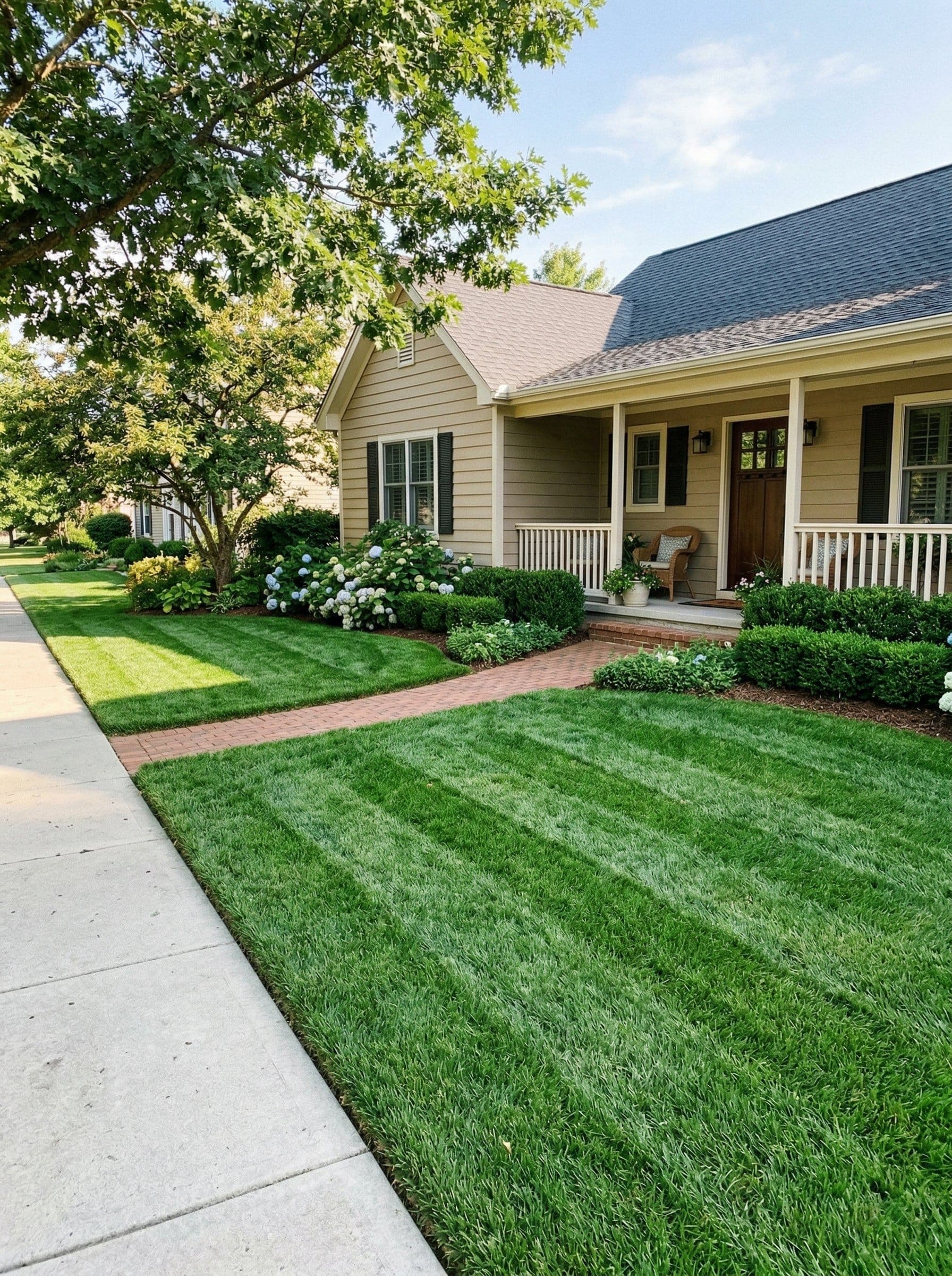 Beautiful maintained front yard with striped mowing pattern