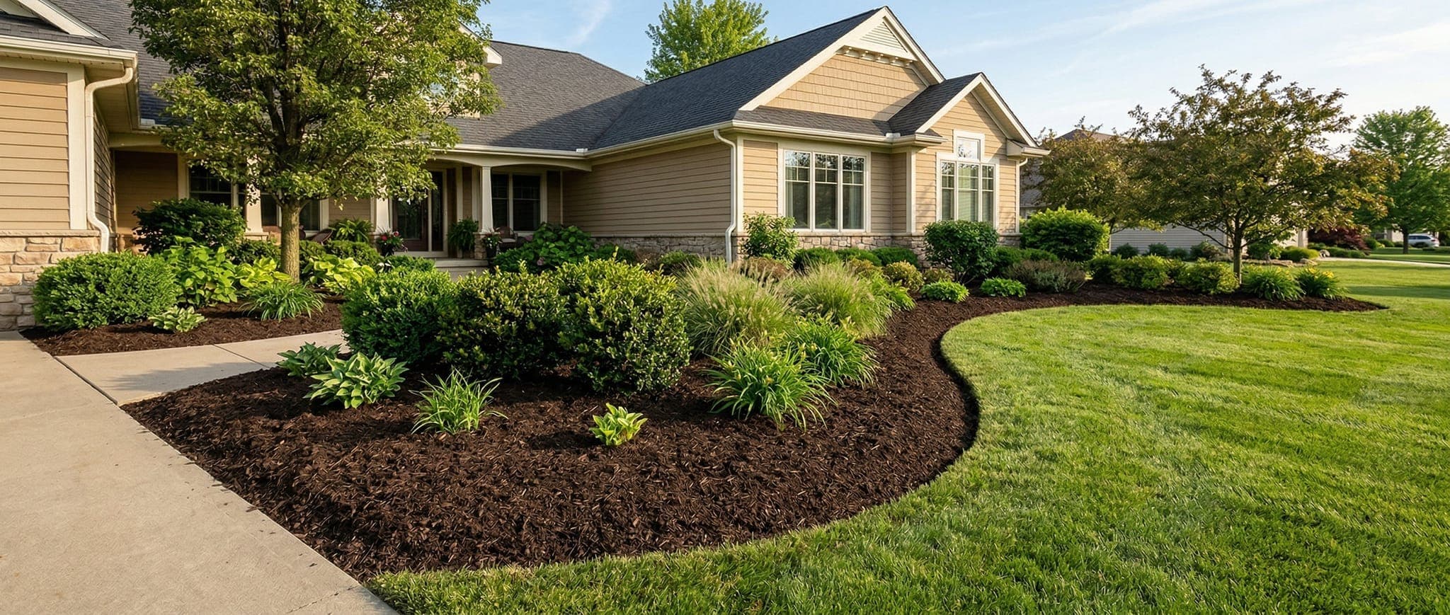 Freshly mulched landscape bed with crisp edges and uniform coverage
