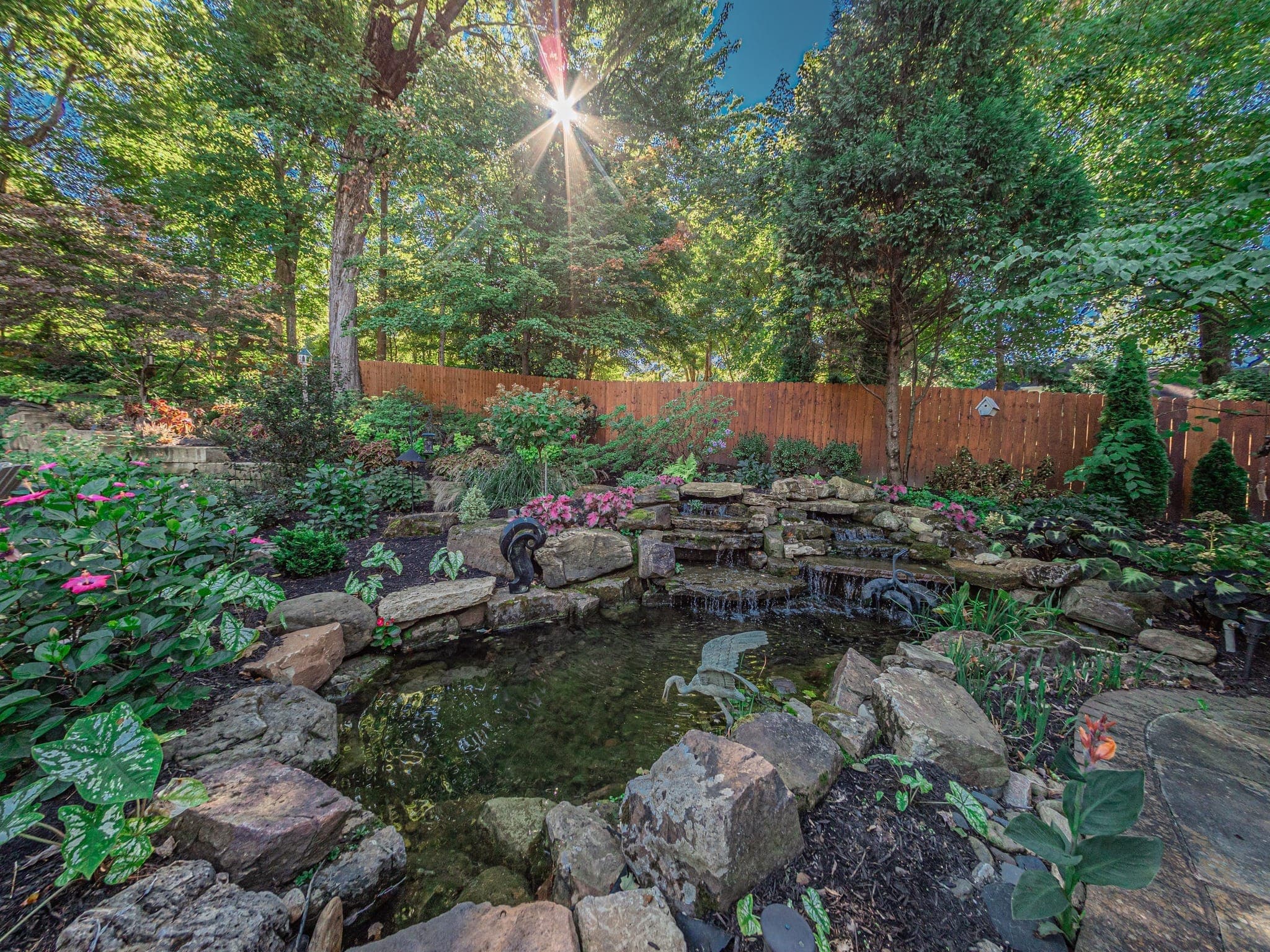 Natural water feature with stone work